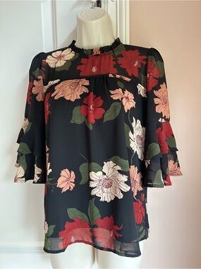 Monteau Black Floral Ruffle Sleeve Blouse with Red & Pink Flowers